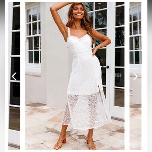 Selfie Leslie — ISADORA MESH OVERLAY FRILL TRIM NECKLINE MIDI DRESS WHITE